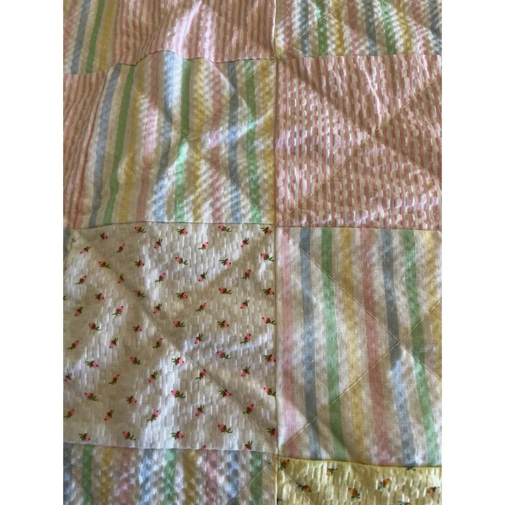 Vintage Baby Blanket Seersucker Quilted Patchwork Soft Pastels Delicate Floral